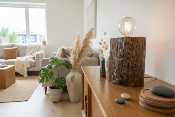 Wood table lamp lifestyle image in living room