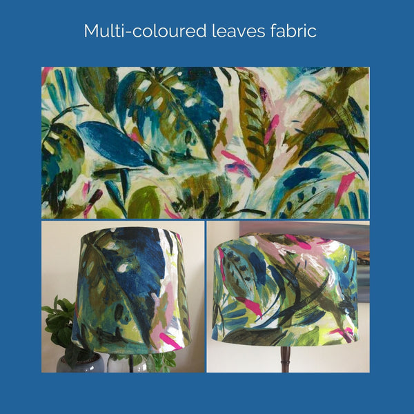 Shades at Grays Tapered / Multi-coloured leaves Brushed chrome table lamp - your choice of fabric shade handcrafted lighting made in new zealand