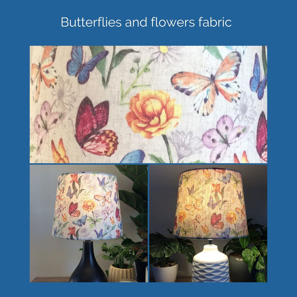 Shades at Grays Tapered / Butterflies and flowers Brushed chrome table lamp - your choice of fabric shade handcrafted lighting made in new zealand