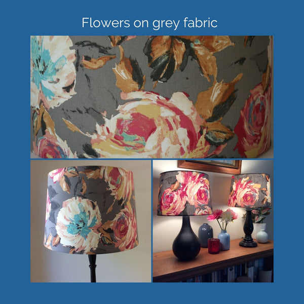 Shades at Grays Tapered / Flowers on grey Brushed chrome table lamp - your choice of fabric shade handcrafted lighting made in new zealand