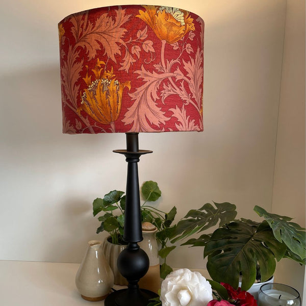 Shades at Grays Lampshades Morris & Co Deep Red fabric lampshade on tall black lamp base. 