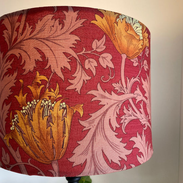 Shades at Grays Lampshades Morris & Co Deep Red fabric lampshade, close up of amber flowers and dusky pink leaves.