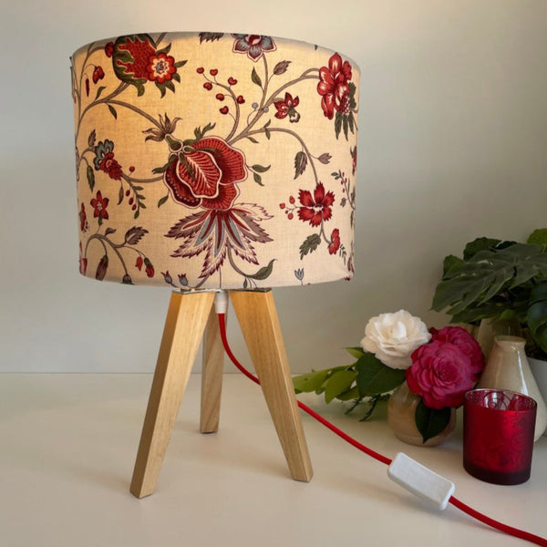 Bespoke fabric lampshade made from French General Blanchet Oyster fabric, Lit on timber table base Shades at Grays. 