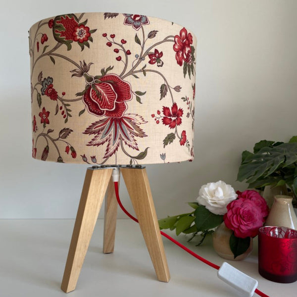 Bespoke fabric lampshade made from French General Blanchet Oyster fabric, unlit on timber tripod base, Shades at Grays. 