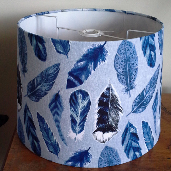Shades at Grays Lampshades Large drum / Table lamp/floor stand / 29mm Blue feather fabric lampshade handcrafted lighting made in new zealand