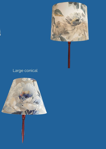 Shades at Grays Lampshades Extra large  Tapered Shade compared to large conical shade, fabric covered.land