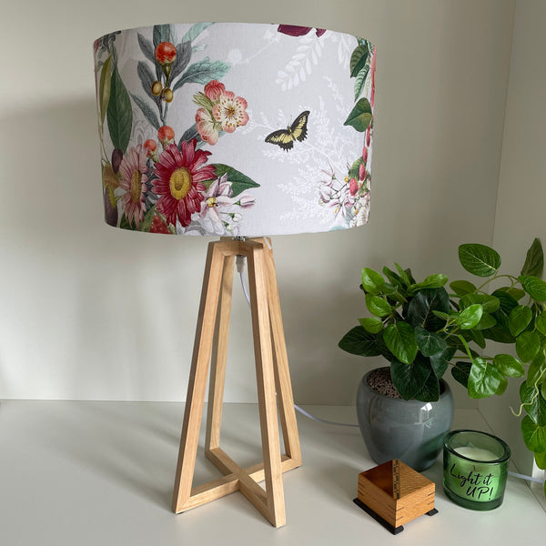 Modern wood table lamp with handcrafted fabric lampshade, made in Wellington New Zealand.