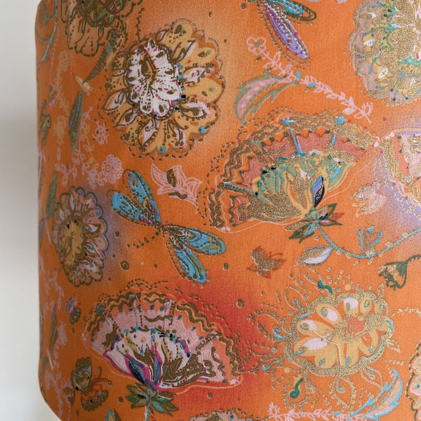 Delicate dragonflies and blossom on tangerine background, handcrafted lightshade, unlit