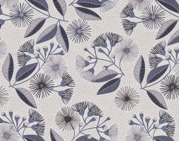 Eucalyptus blossom grey pattern on light cream background.