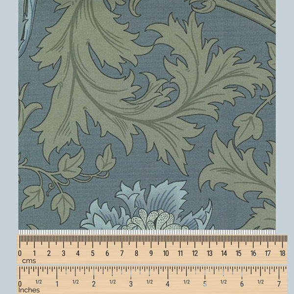 Fabric sample with dimensions. Blue and sage green floral and leave pattern. Morris and Co Anemone light blue. 