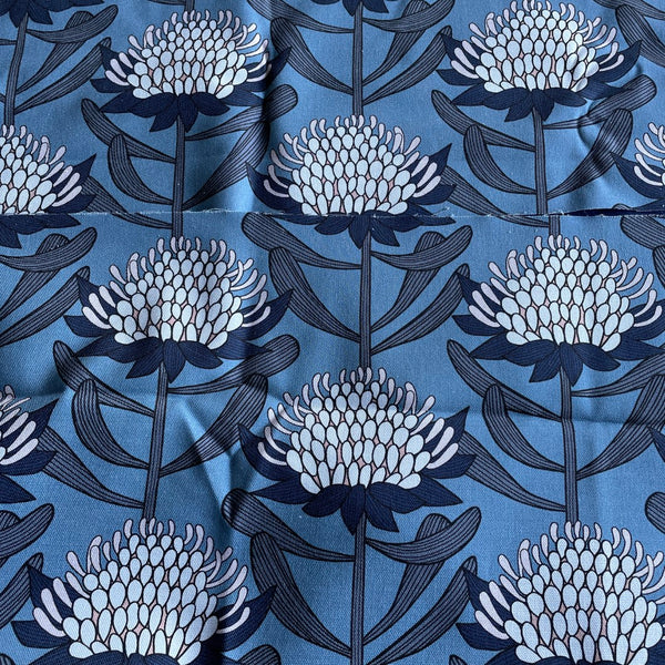 Fabric swatch for blue and white waratahs lampshades.