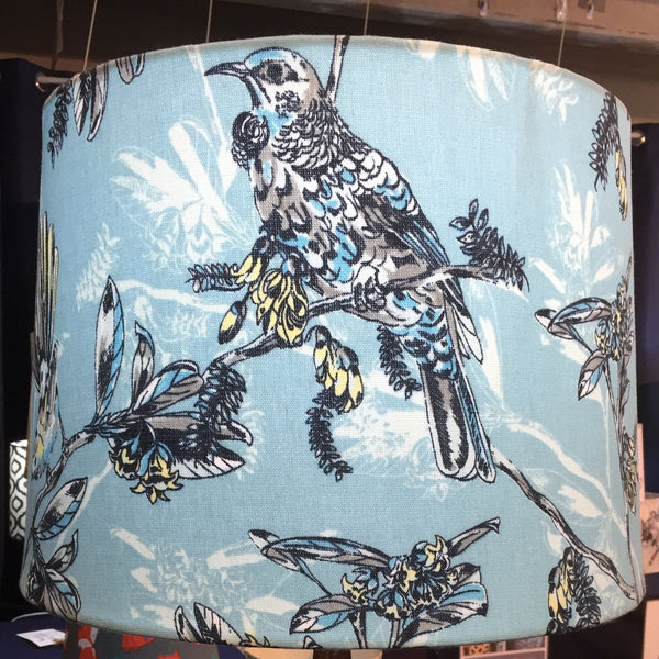 Shades at Grays Lampshades Blue fantail print fabric lampshade handcrafted lighting made in new zealand