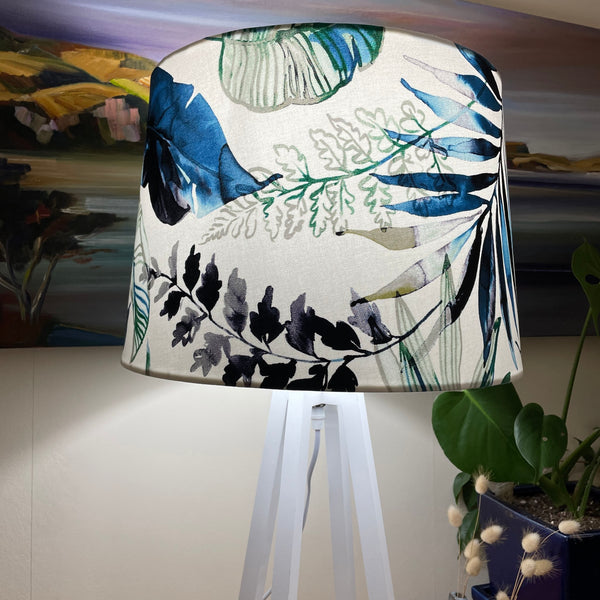Handcrafted fabric lampshade on white wooden lamp base, made in Wellington, NZ.