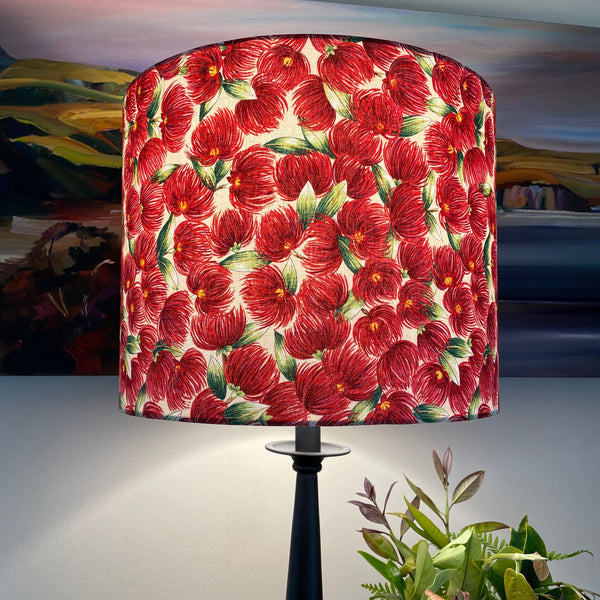 Shades at Grays Lampshades Pohutukawa blossom on cream fabric lampshade handcrafted lighting made in new zealand