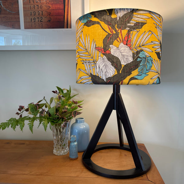 Shades at Grays Lampshades Leaves on yellow fabric lampshade handcrafted lighting made in new zealand
