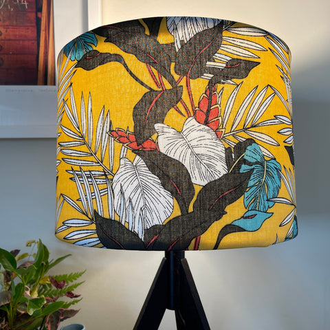 Shades at Grays Lampshades Medium tapered / Table lamp/floor stand / 29mm Leaves on yellow fabric lampshade handcrafted lighting made in new zealand
