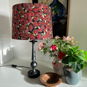 Shades at Grays Lampshades Pohutukawa blossom on navy fabric lampshade handcrafted lighting made in new zealand
