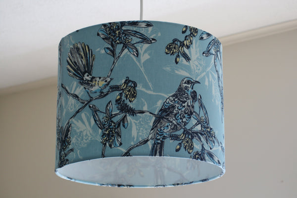 Shades at Grays Lampshades Large drum / Ceiling/pendant / 29mm Blue fantail print fabric lampshade handcrafted lighting made in new zealand