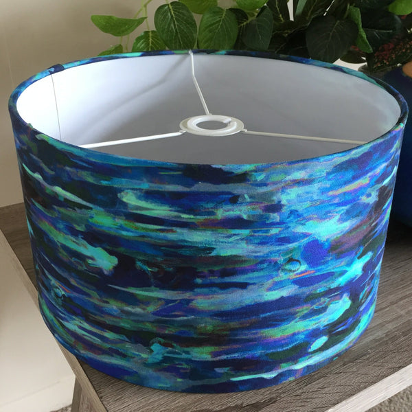 Shades at Grays Lampshades Medium barrel / Table lamp/floor stand / 29mm Enchanted blue stripe lampshade handcrafted lighting made in new zealand
