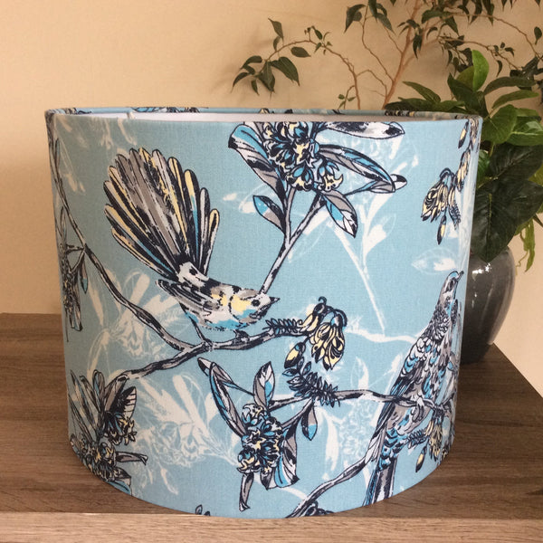 Shades at Grays Lampshades Large drum / Table lamp/floor stand / 29mm Blue fantail print fabric lampshade handcrafted lighting made in new zealand