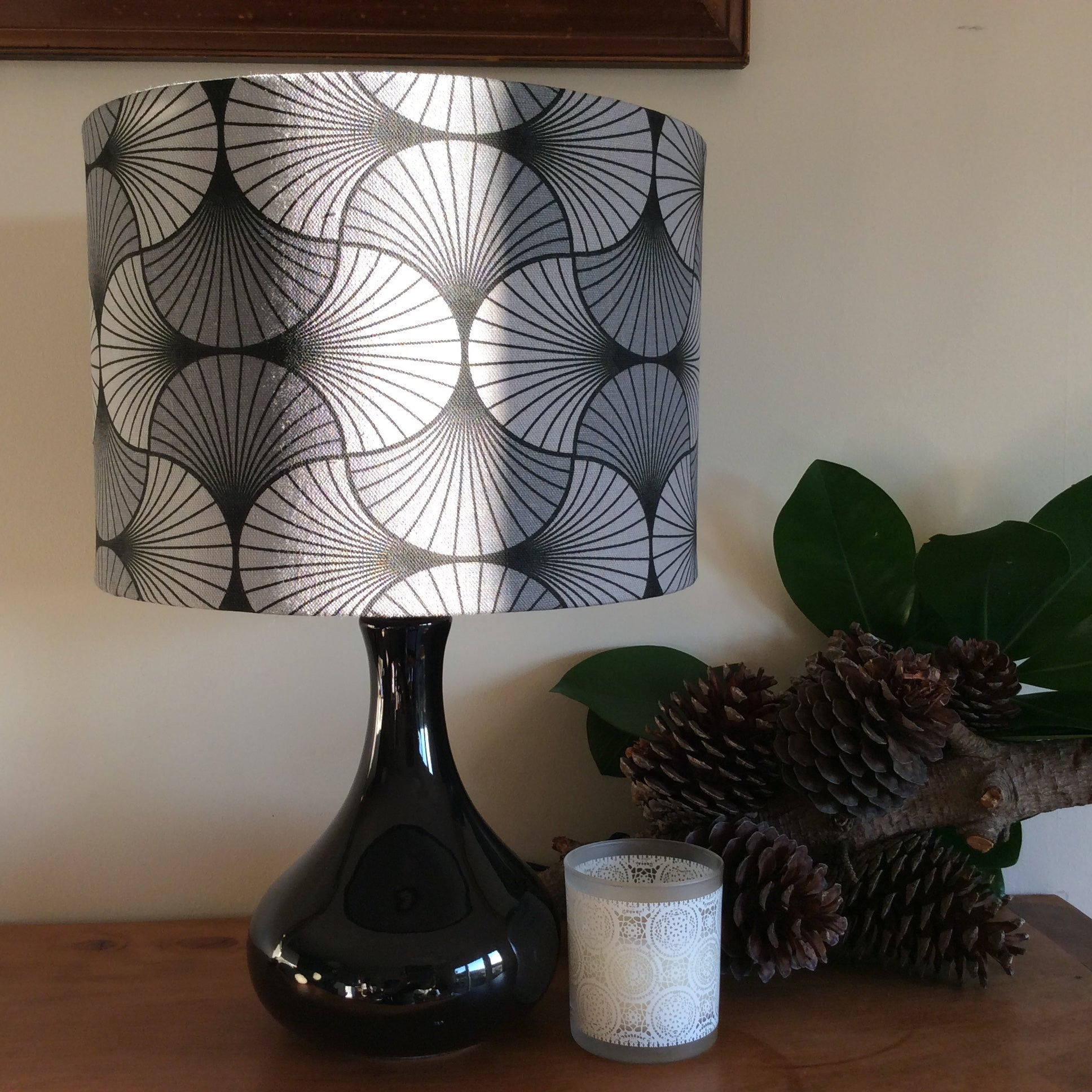 Shades at Grays Lampshades Small drum / Table lamp/floor stand / 29mm Grey geometric fabric lampshade handcrafted lighting made in new zealand