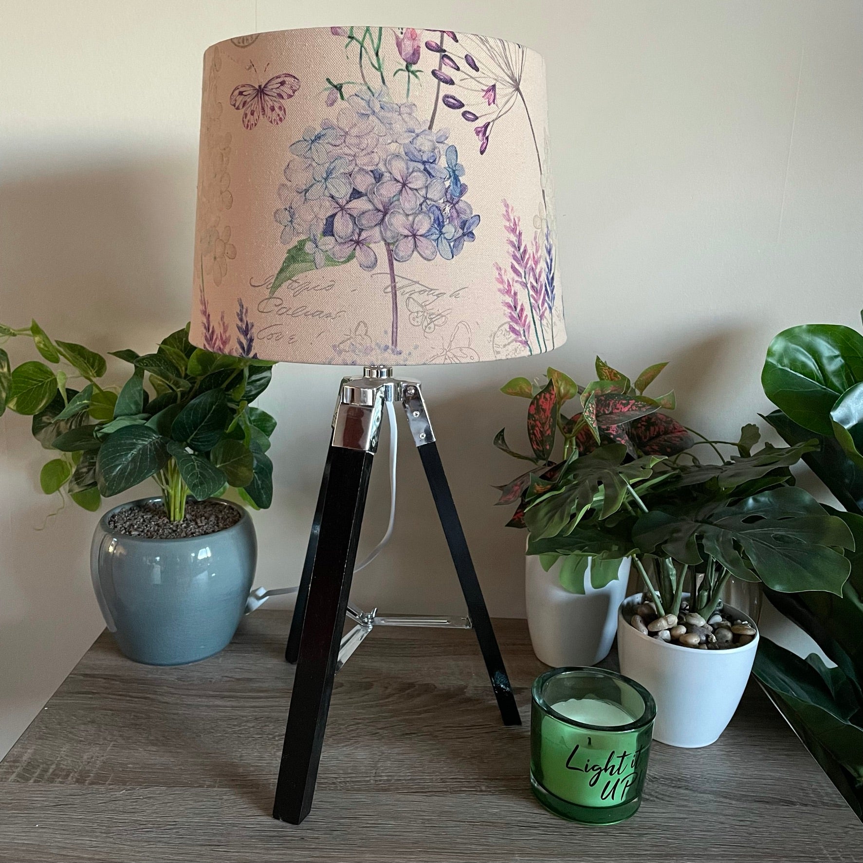 Shades at Grays Table lamp Medium tapered light shade Black gloss tripod table lamp - your fabric choice handcrafted lighting made in new zealand