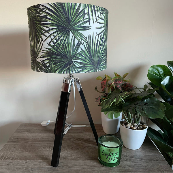 Shades at Grays Table lamp Medium drum light shade Black gloss tripod table lamp - your fabric choice handcrafted lighting made in new zealand