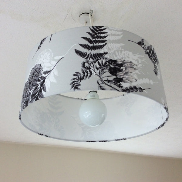 Shades at Grays Lampshades Large barrel / Ceiling/pendant / 29mm Kōwhai grey fabric lampshade handcrafted lighting made in new zealand