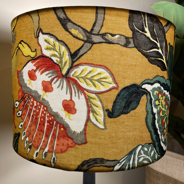 Shades at Grays Lampshades Medium drum / Table lamp/floor stand / 29mm Mustard floral lampshade handcrafted lighting made in new zealand