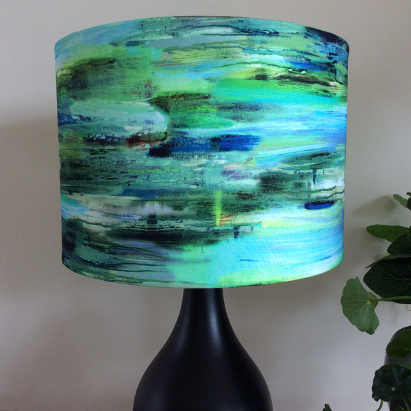 Shades at Grays Lampshades Small drum / Table lamp/floor stand / 29mm Enchanted green stripe lampshade handcrafted lighting made in new zealand