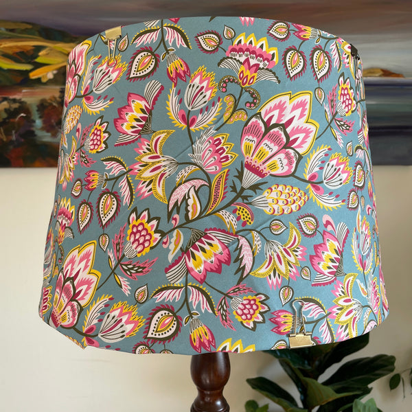 Shades at Grays Lampshades Medium tapered / Table lamp/floor stand / 29mm Folk floral teal lampshade handcrafted lighting made in new zealand