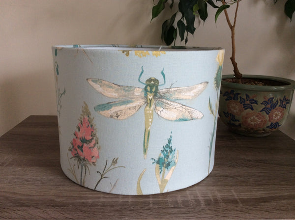 Shades at Grays Lampshades Medium drum / Table lamp/floor stand / 29mm Dragonfly blue fabric lampshade handcrafted lighting made in new zealand