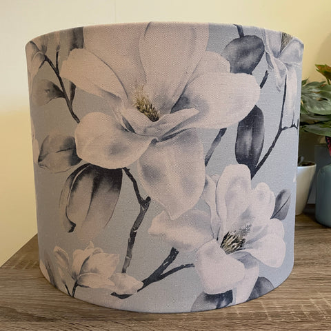 Shades at Grays Lampshades Large drum / Table lamp/floor stand / 29mm Silver blue magnolias lampshade handcrafted lighting made in new zealand