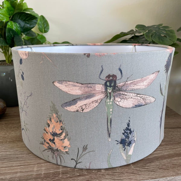 Shades at Grays Lampshades Medium drum / Table lamp/floor stand / 29mm Dragonfly grey fabric lampshade handcrafted lighting made in new zealand