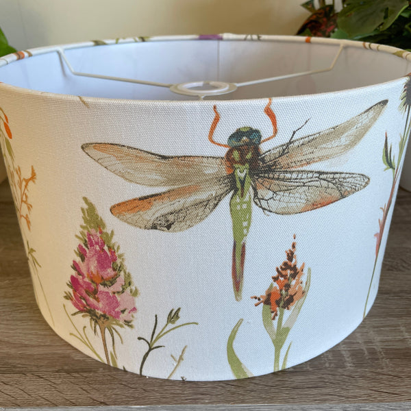 Shades at Grays Lampshades Small drum / Ceiling/pendant / 43mm Dragonfly pink-cream fabric lampshade handcrafted lighting made in new zealand