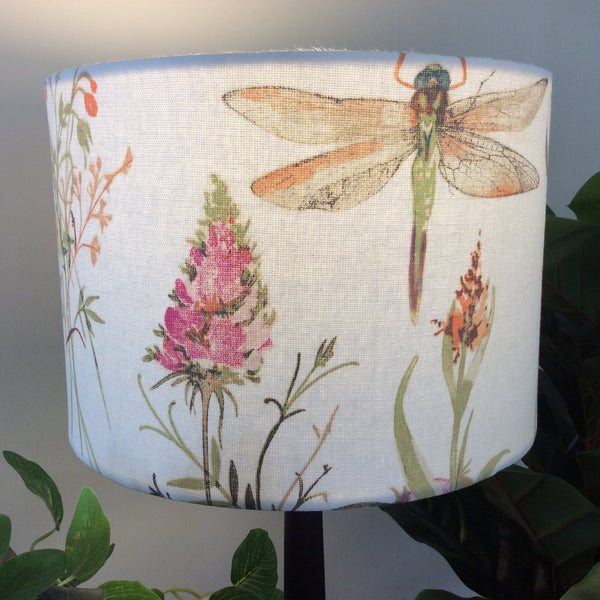 Shades at Grays Lampshades Medium drum / Table lamp/floor stand / 29mm Dragonfly pink-cream fabric lampshade handcrafted lighting made in new zealand