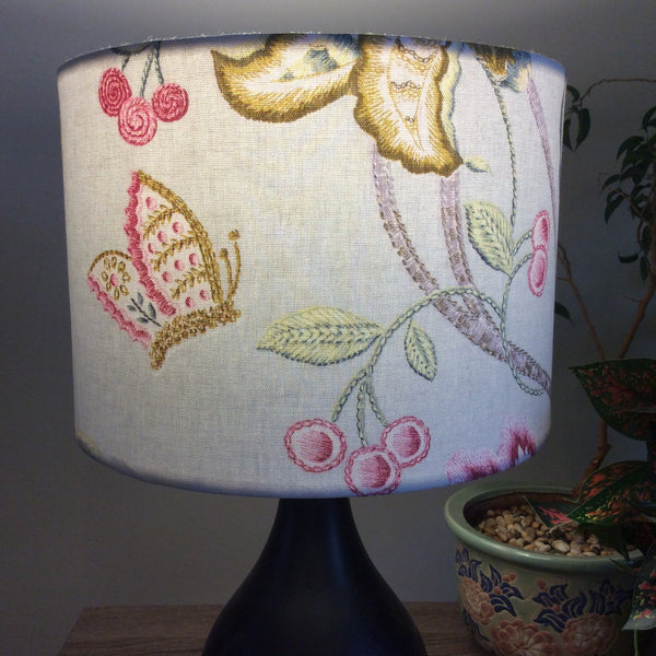Shades at Grays Lampshades Medium drum / Table lamp/floor stand / 29mm Pink floral and vines lampshade handcrafted lighting made in new zealand