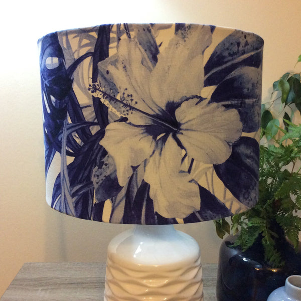 Shades at Grays Lampshades Medium drum / Table lamp/floor stand / 29mm Blue monstera leaf lampshade handcrafted lighting made in new zealand