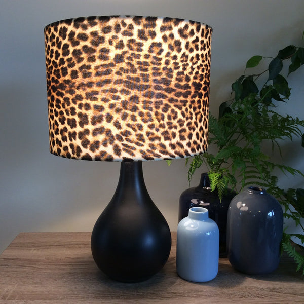 Shades at Grays Lampshades Medium drum / Table lamp/floor stand / 29mm Leopard print fabric lampshade handcrafted lighting made in new zealand