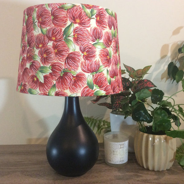 Shades at Grays Lampshades Pohutukawa blossom on cream fabric lampshade handcrafted lighting made in new zealand