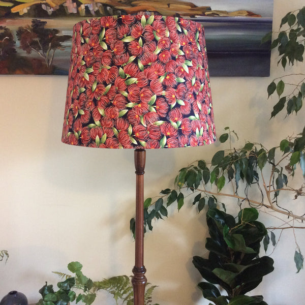 Shades at Grays Lampshades Pohutukawa blossom on navy fabric lampshade handcrafted lighting made in new zealand
