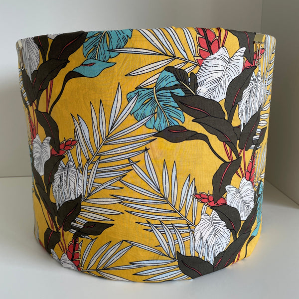 Shades at Grays Lampshades Large drum / Table lamp/floor stand / 29mm Leaves on yellow fabric lampshade handcrafted lighting made in new zealand