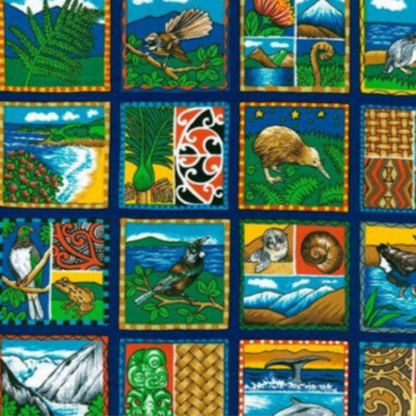 Kiwiana lamp fabric with New Zealand scenes.