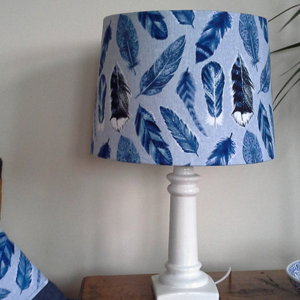 Shades at Grays Lampshades Large tapered / Table lamp/floor stand / 29mm Blue feather fabric lampshade handcrafted lighting made in new zealand