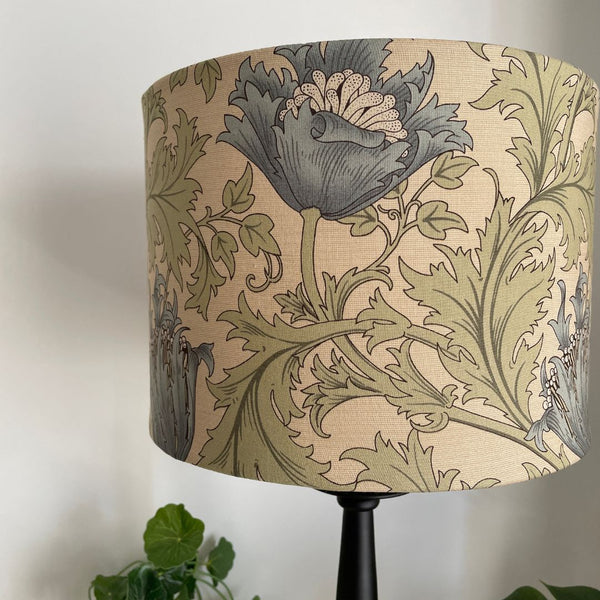 Shades at Grays Lampshades Morris & Co Sage Green fabric lampshade Bespoke William Morris fabric lampshade handcrafted lighting made in new zealand