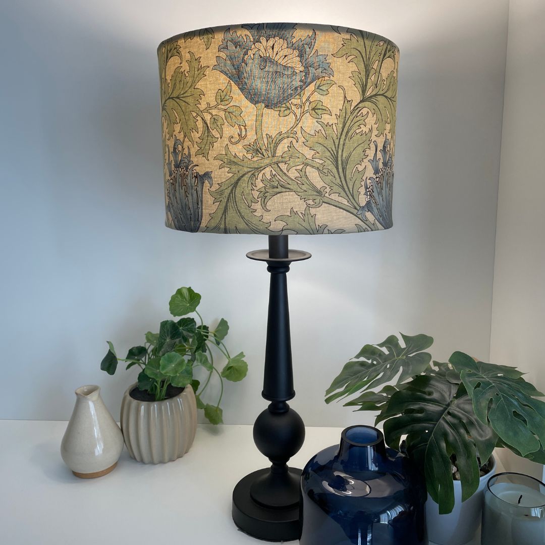 Shades at Grays Lampshades Morris & Co Sage Green fabric lampshade Bespoke William Morris fabric lampshade handcrafted lighting made in new zealand