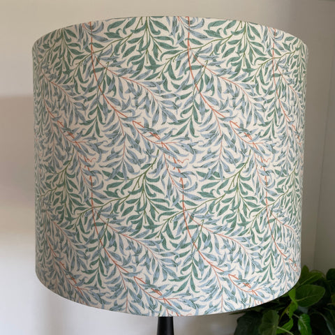 Large drum hand crafted lamp shade in William Morris Willow and Boughs Cream fabric, unlit.