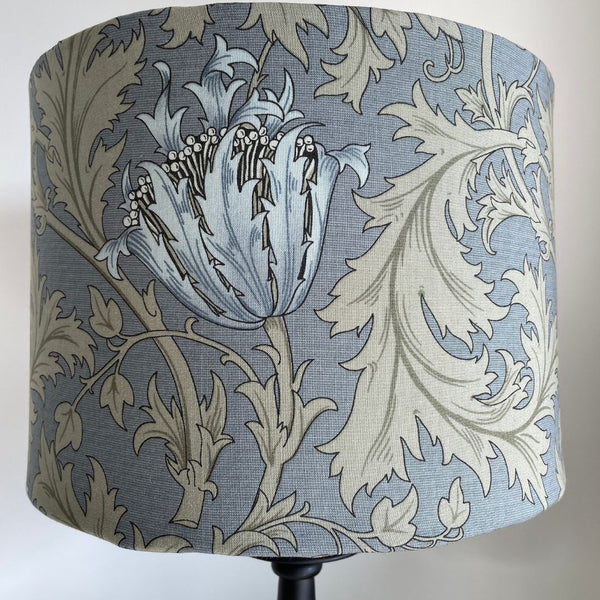 Large drum bespoke light shade. Blue and sage green floral and leave pattern. Morris and Co Anemone light blue. 