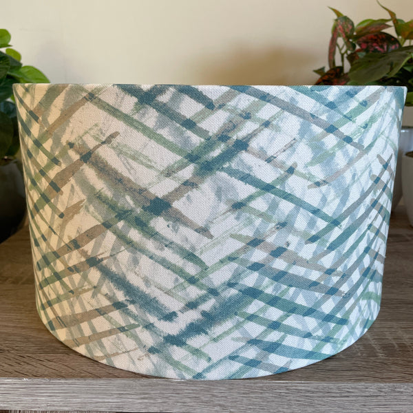 Shades at Grays Lampshades Medium drum / Table lamp/floor stand / 29mm Blue green dashes fabric lampshade handcrafted lighting made in new zealand