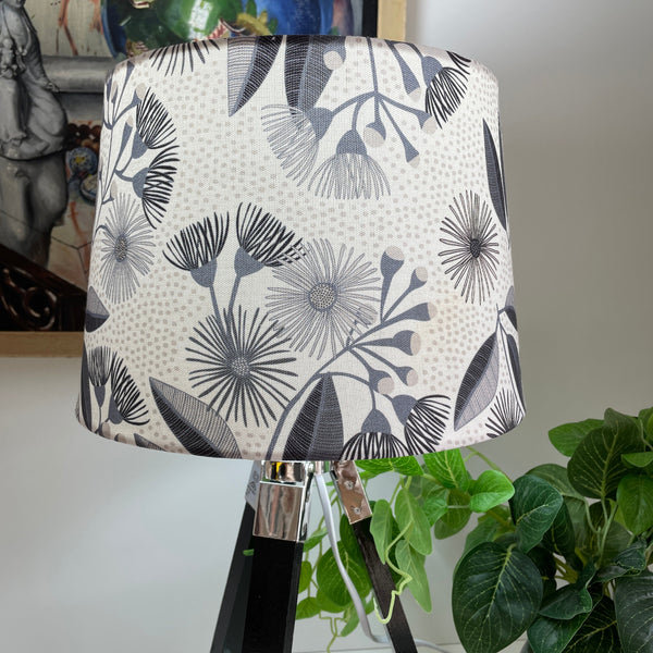 Shades at Grays Table lamp Black gloss tripod table lamp - eucalyptus blossom fabric light shade handcrafted lighting made in new zealand